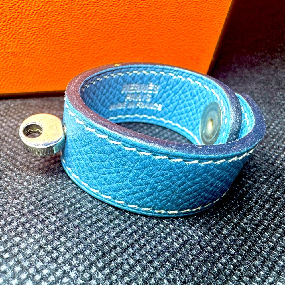 Hermès Blue Scarf Ring Leather Bag Charm Gloves Holder, RARE COLORS Hermès Kelly - Picture 7 of 7